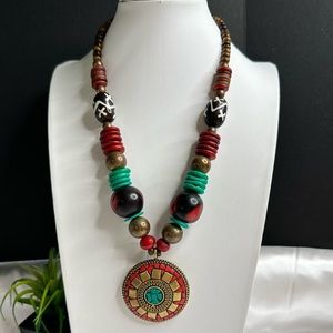 Vintage Artisan Tribal Style Red Green Beaded Bronze Tone Pendant Necklace